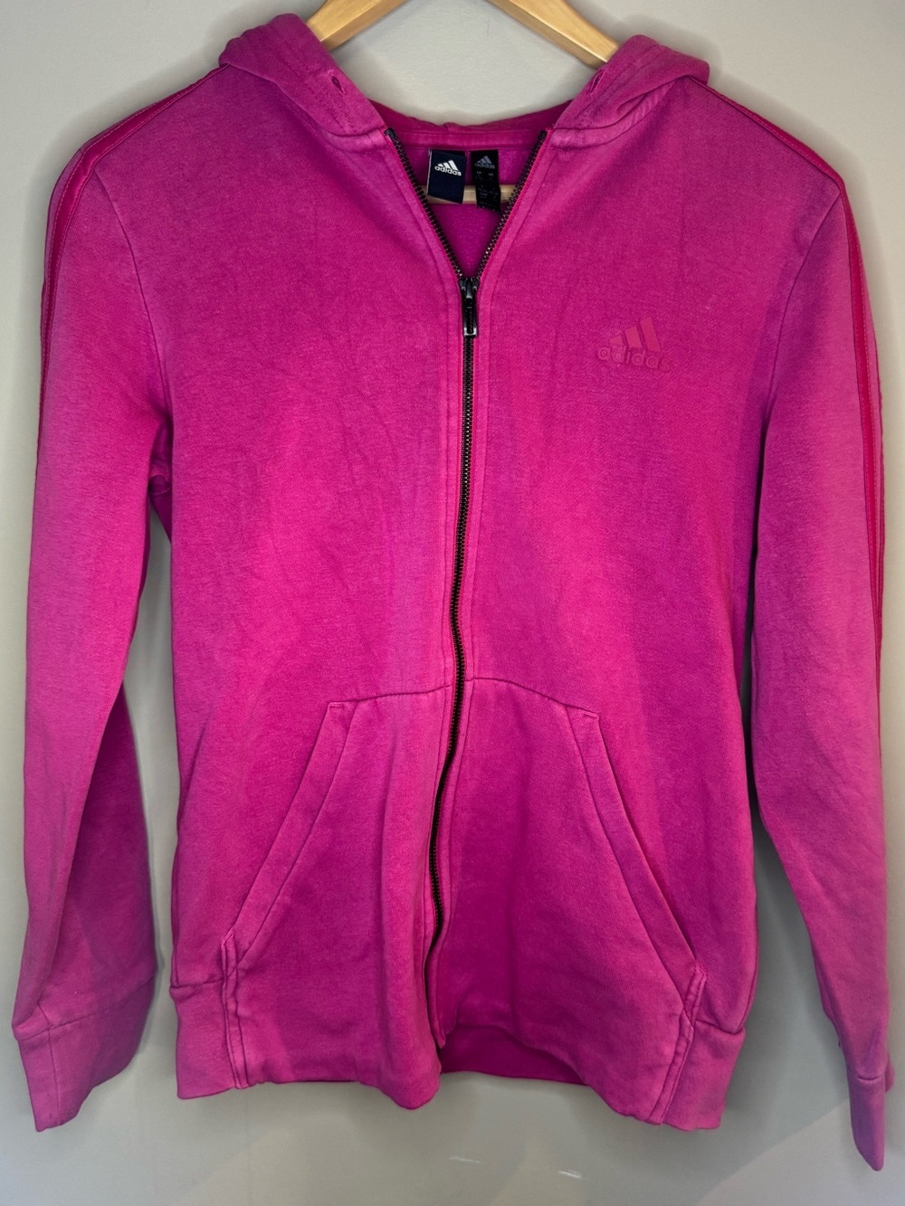 Adidas Women’s Pink Zip Up Hoodie Small 3 Stripe Athletic Sweatshirt Full Zip - Picture 2 of 7